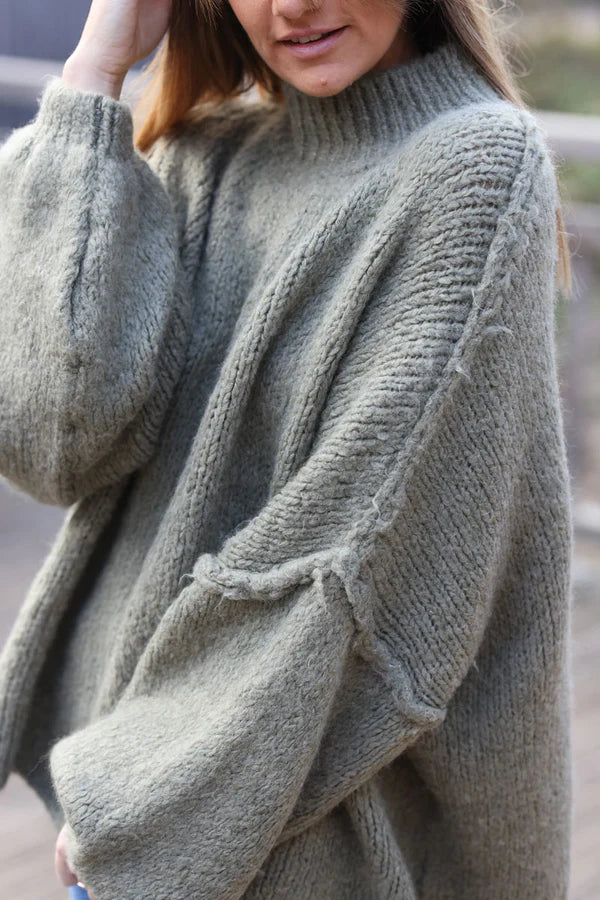 Olive Chunky Knit Sweater Oversized and Funnel Neck