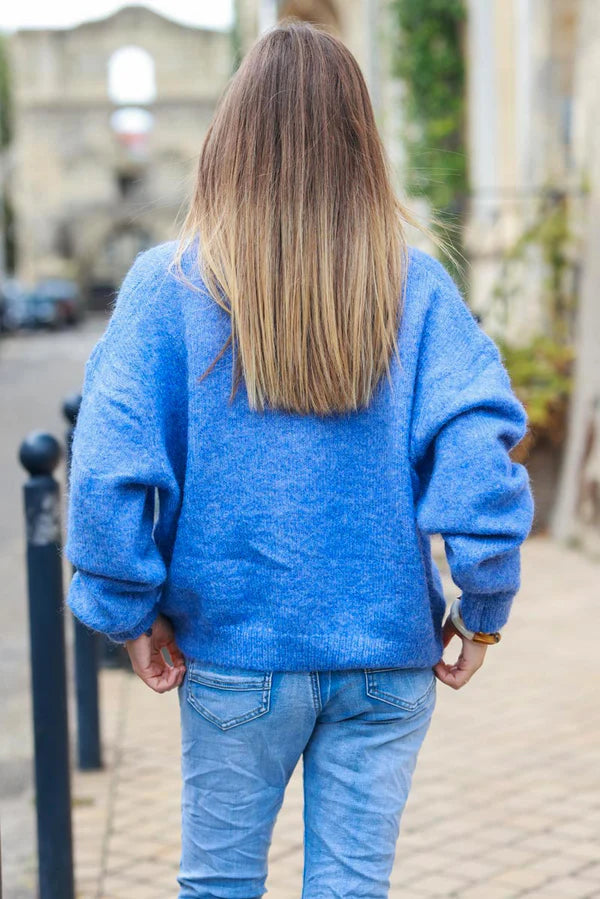 Super Soft Round Neck Cardigan Blue with Mother Of Pearl Buttons