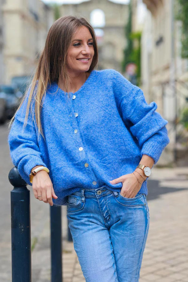 Super Soft Round Neck Cardigan Blue with Mother Of Pearl Buttons