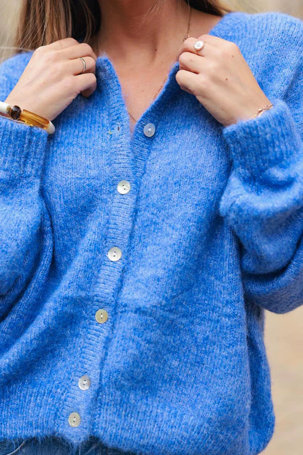 Super Soft Round Neck Cardigan Blue with Mother Of Pearl Buttons