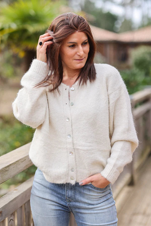 Super Soft Round Neck Cardigan Ecru with Mother of Pearl Buttons