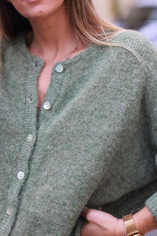 Super Soft Round Neck Cardigan Olive with Mother of Pearl Buttons