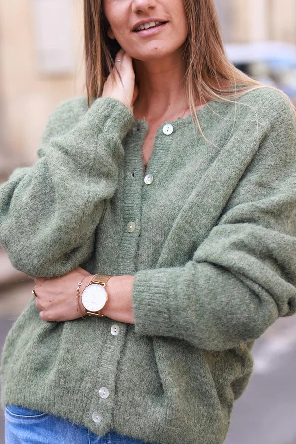 Super Soft Round Neck Cardigan Olive with Mother of Pearl Buttons