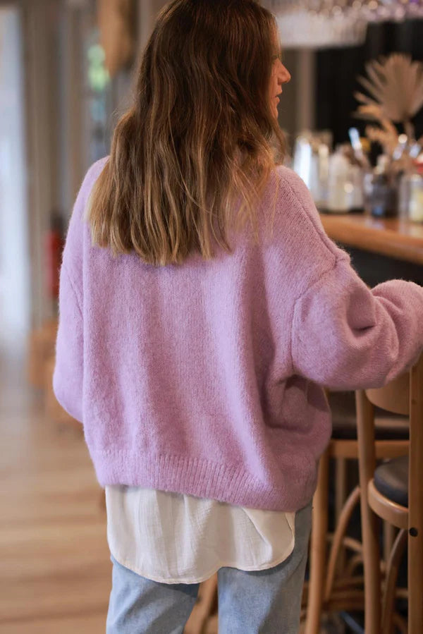 Super Soft Round Neck Cardigan Lilac with Mother of Pearl Buttons