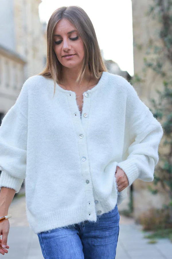 Super Soft Round Neck Cardigan Off White with Mother of Pearl Buttons