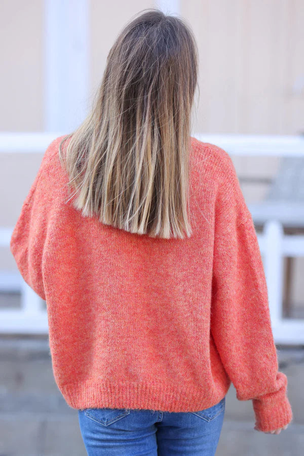 Super Soft Round Neck Cardigan Orange with Mother of Pearl Buttons