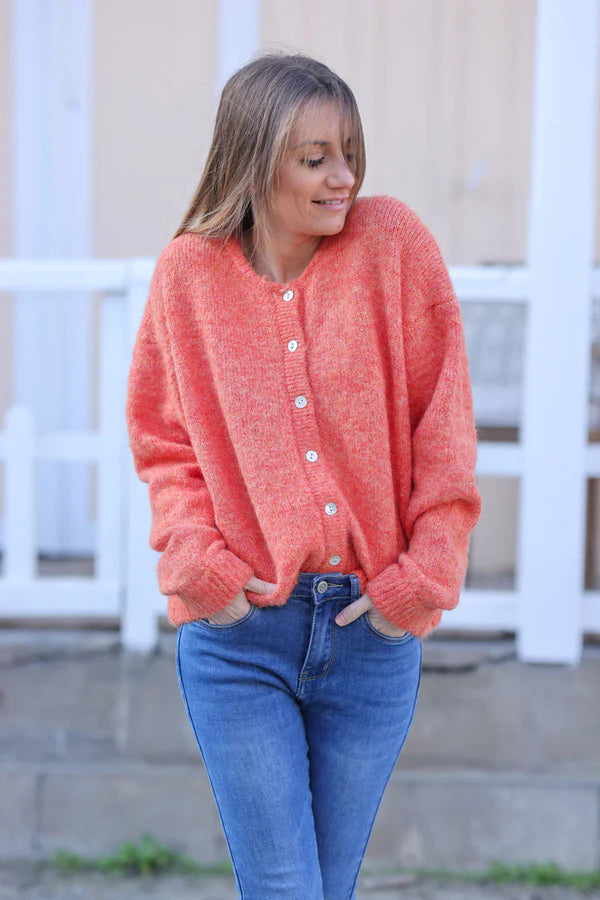 Super Soft Round Neck Cardigan Orange with Mother of Pearl Buttons