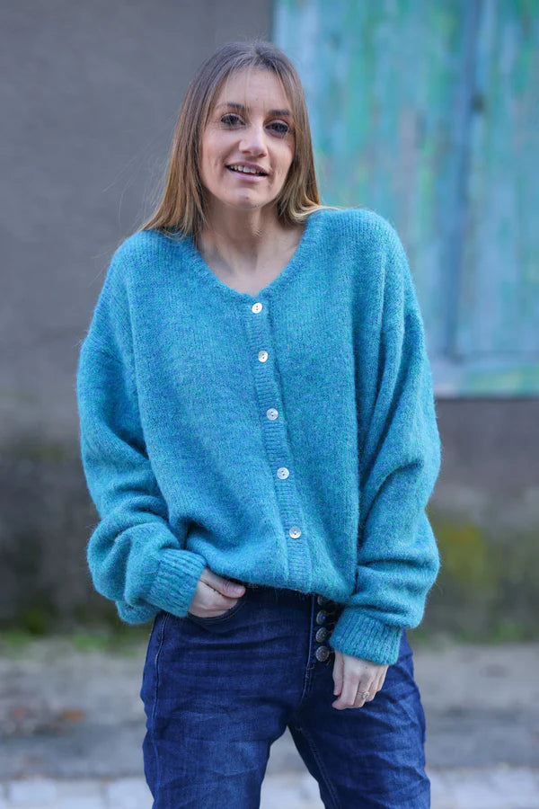 Super Soft Round Neck Cardigan Peacock Blue with Mother Of Pearl Buttons