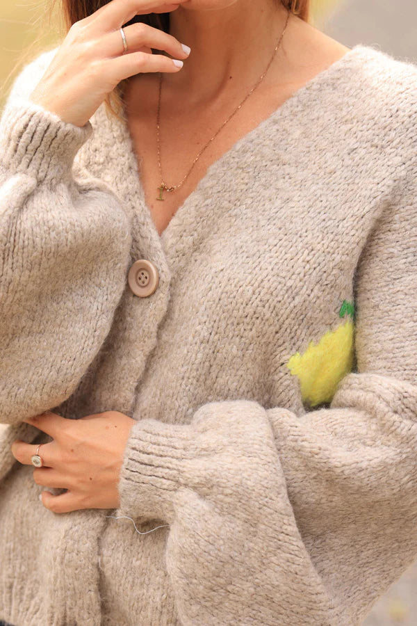 Taupe Chunky Knit Cardigan with Lemon 'Limoncello' back pattern