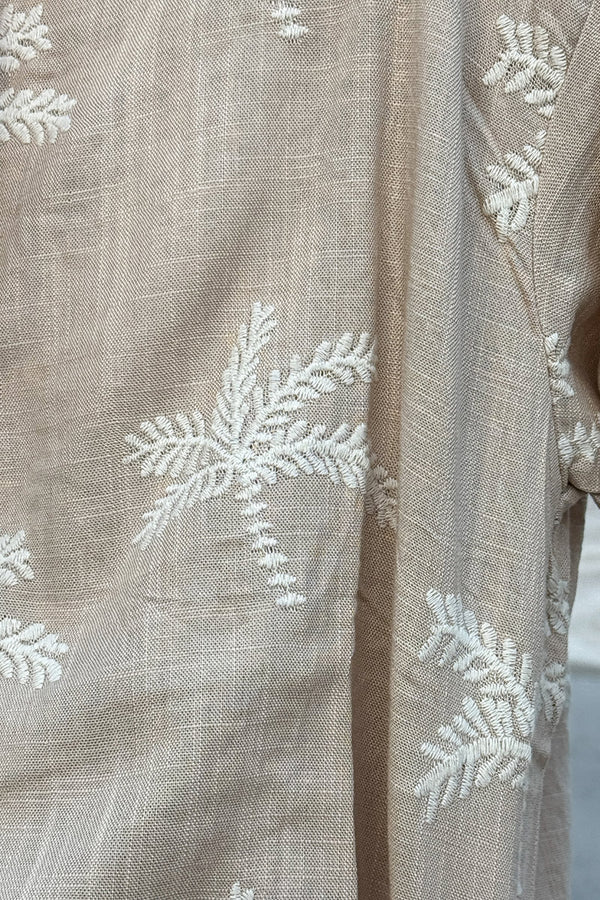 Taupe Linen Embroidered Palm Button-Down