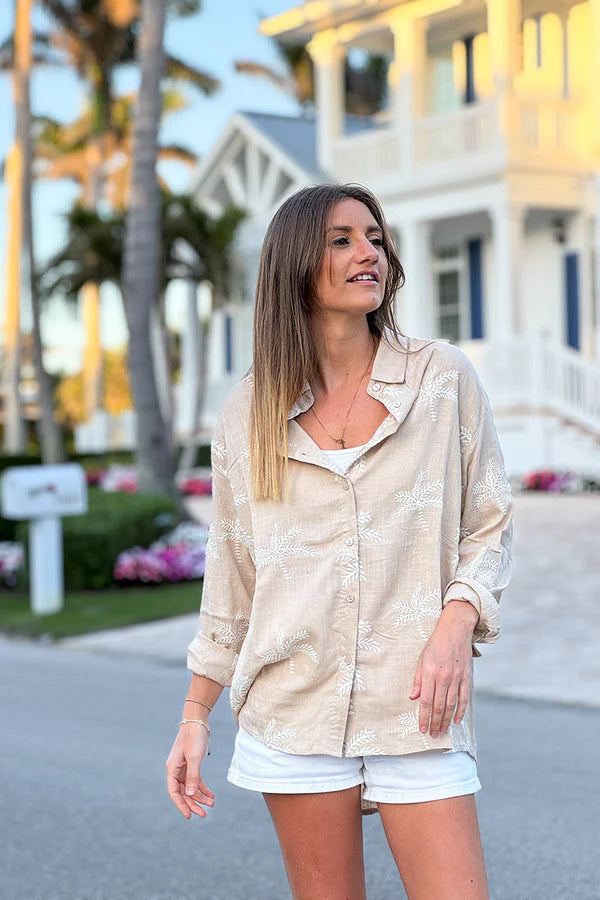 Taupe Linen Embroidered Palm Button-Down