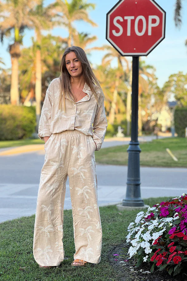 Taupe Linen Embroidered Palm Wide Leg Pants