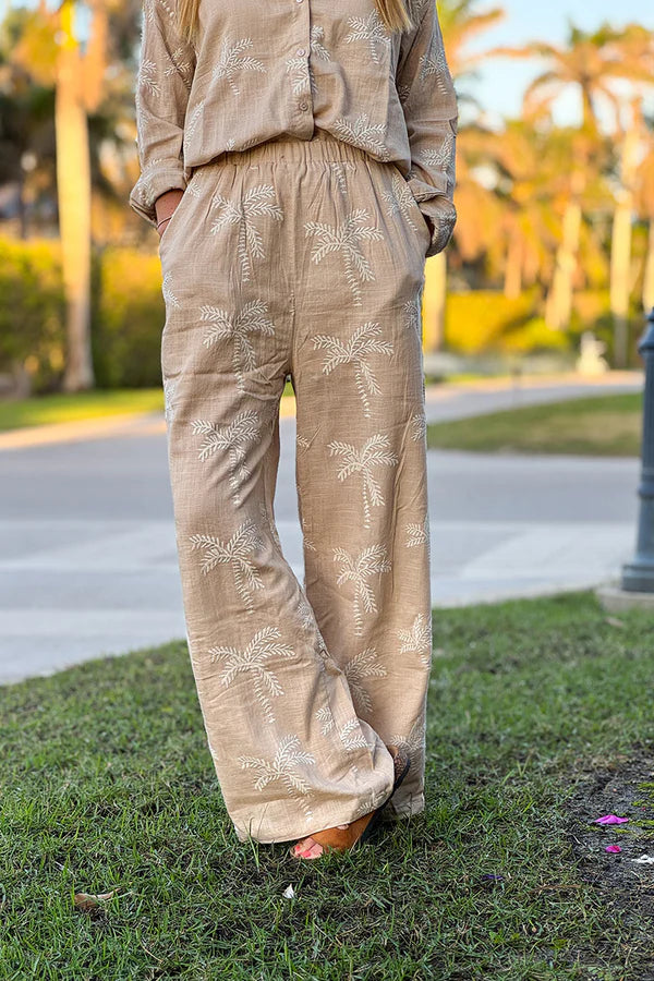 Taupe Linen Embroidered Palm Wide Leg Pants