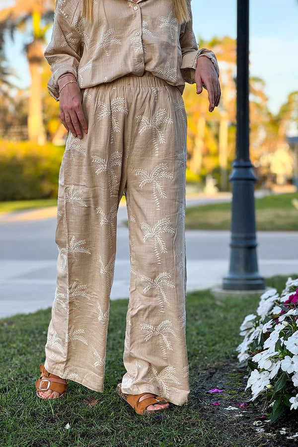 Taupe Linen Embroidered Palm Wide Leg Pants