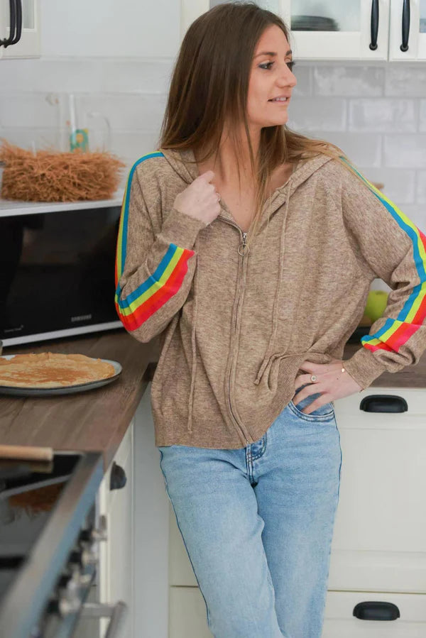 Taupe Rainbow Stripe Zippered Hoodie