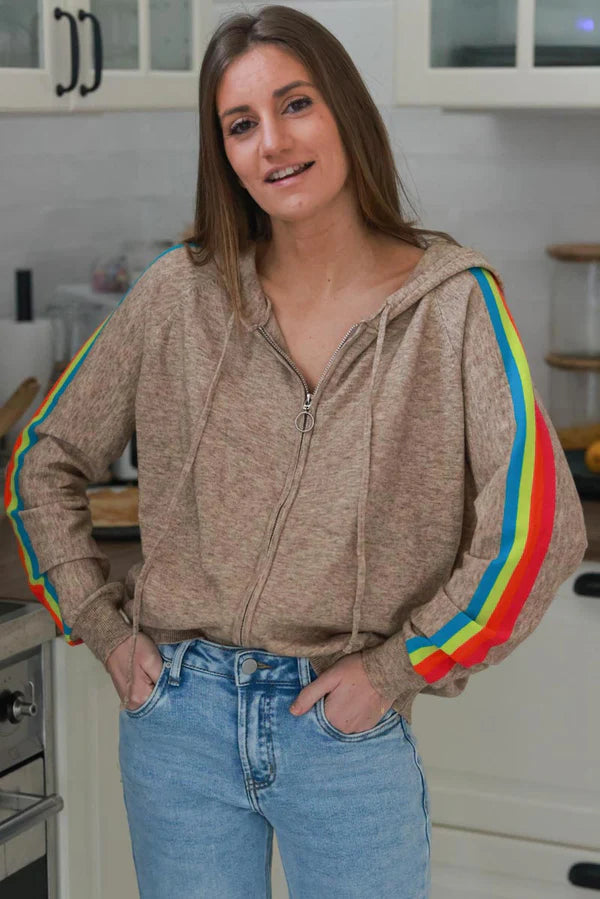 Taupe Rainbow Stripe Zippered Hoodie