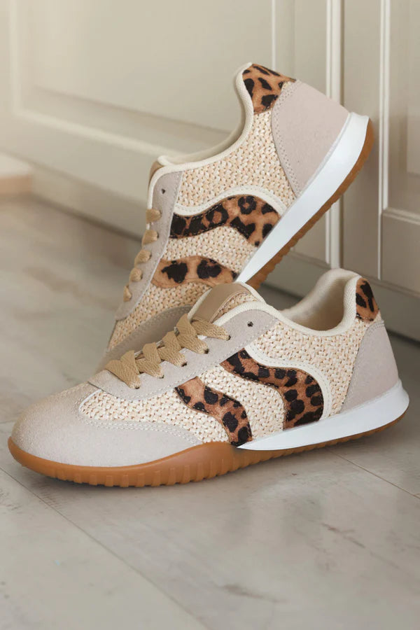 Taupe Rattan and Leopard Sneakers