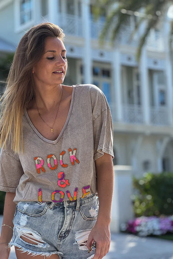 Taupe Rock & Love Beaded Cotton V-Neck Tee