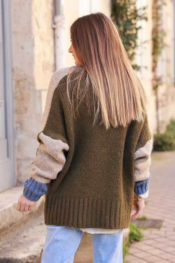 Taupe Sweater Knit Cardigan with Blue Trim