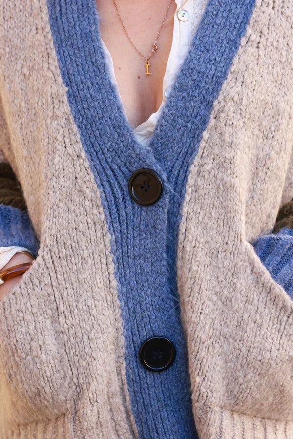 Taupe Sweater Knit Cardigan with Blue Trim