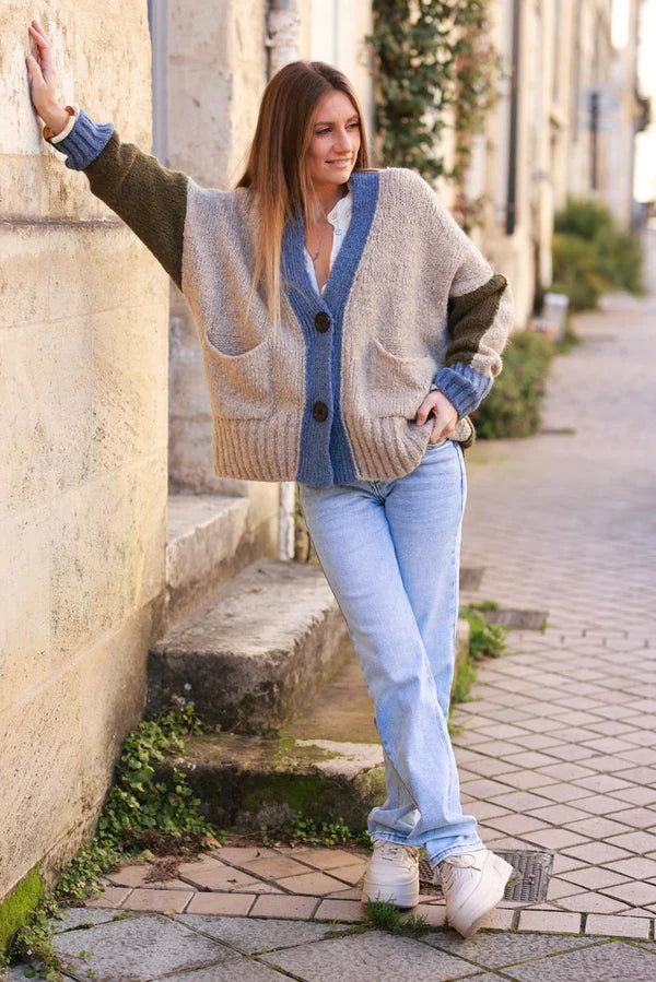 Taupe Sweater Knit Cardigan with Blue Trim