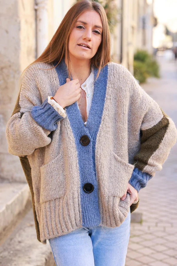 Taupe Sweater Knit Cardigan with Blue Trim