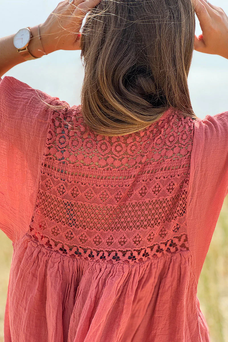 Terracotta Floaty Cotton Dress with Lace Top