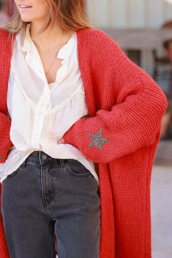 Terracotta Medium-Long Chunky Knit Cardigan with Rhinestone Star detail