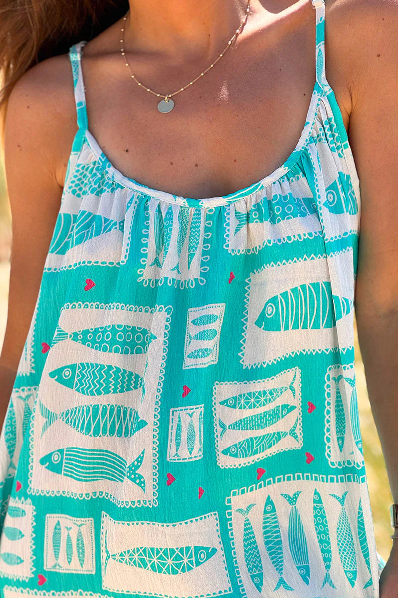 Turquoise Fish Square Print Maxi Dress