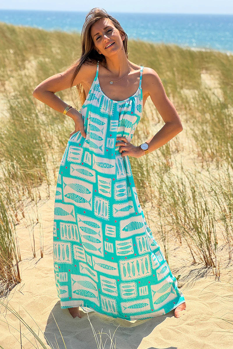 Turquoise Fish Square Print Maxi Dress
