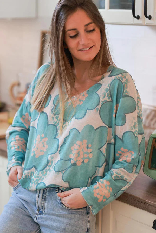 Turquoise Floral and Leopard ¾-Sleeve Slouchy Top