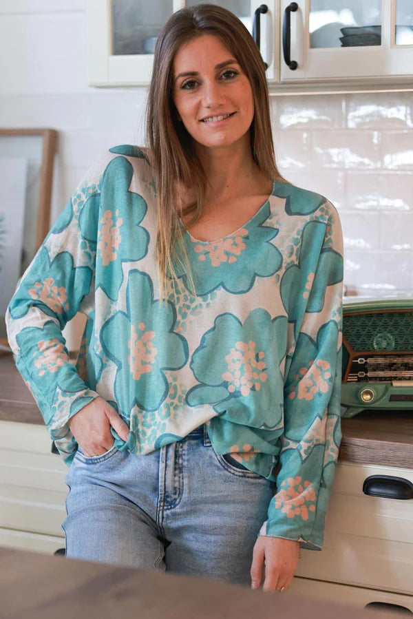 Turquoise Floral and Leopard ¾-Sleeve Slouchy Top