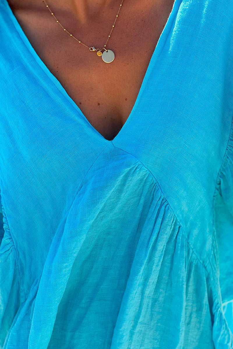 Turquoise Linen Babydoll Dress
