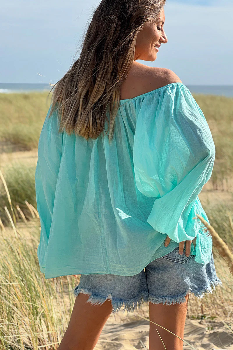 Turquoise Shirred Cotton Peasant Blouse