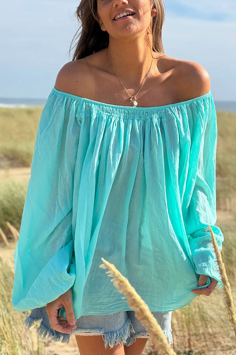 Turquoise Shirred Cotton Peasant Blouse