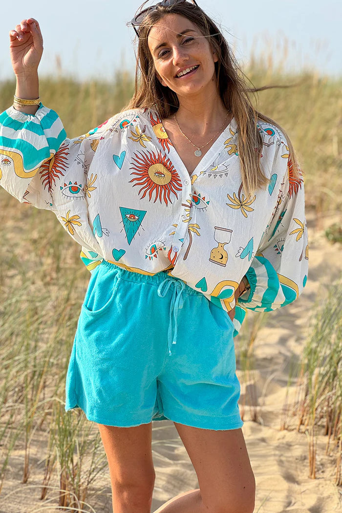 Turquoise Stripe Mystical Eye Boho Blouse
