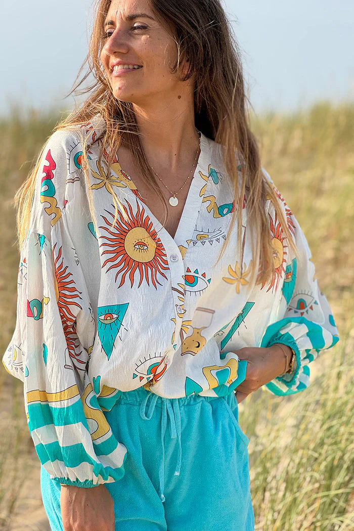 Turquoise Stripe Mystical Eye Boho Blouse