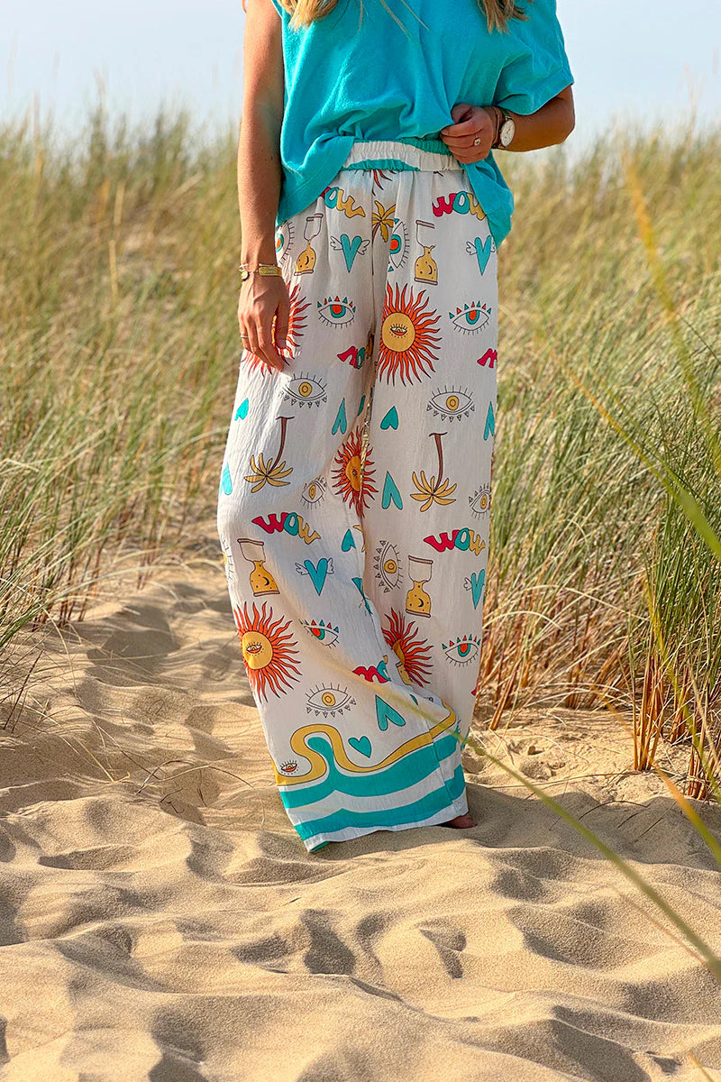 Turquoise Stripe Mystical Eye Boho Pull-On Pants