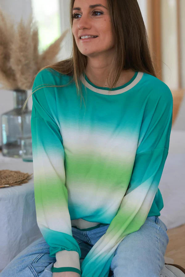 Turquoise Tie-Dye Stripe Long-Sleeve Jersey Knit Tee