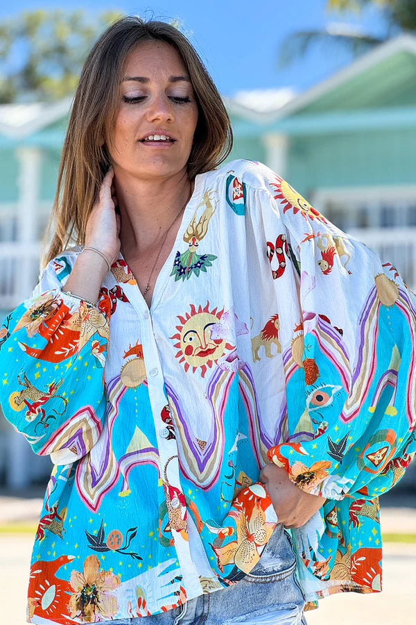 Turquoise and White Animal Parade Silky Button-Down Blouse