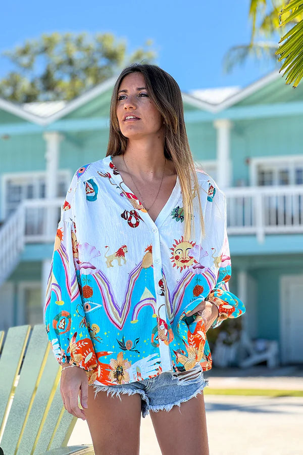 Turquoise and White Animal Parade Silky Button-Down Blouse