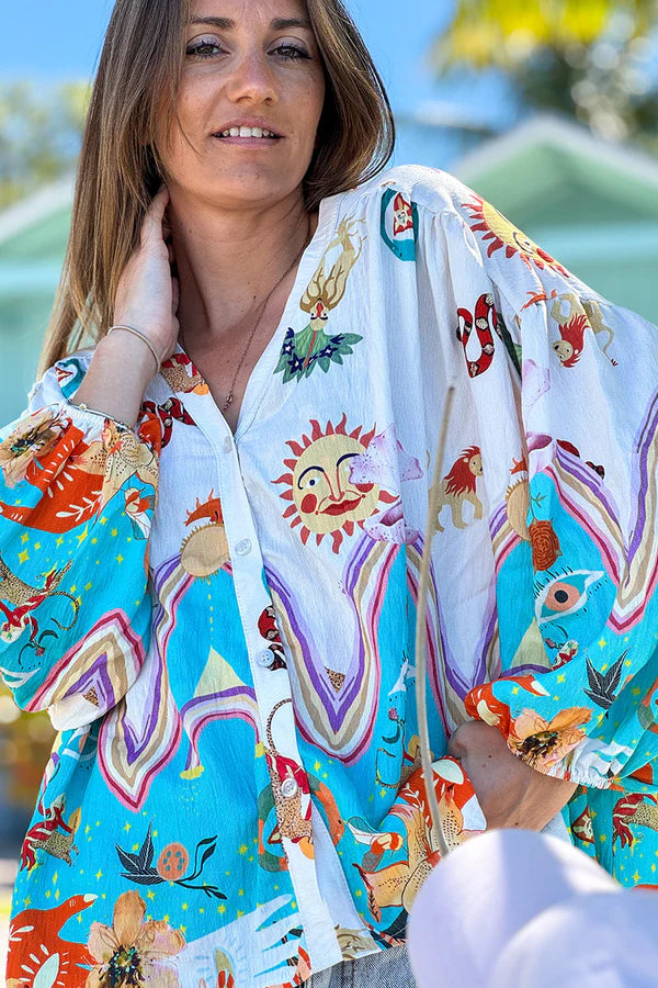 Turquoise and White Animal Parade Silky Button-Down Blouse