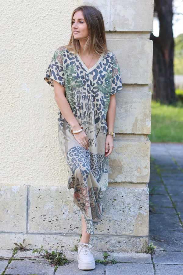 V-Neck Jungle Print Caftan Dress