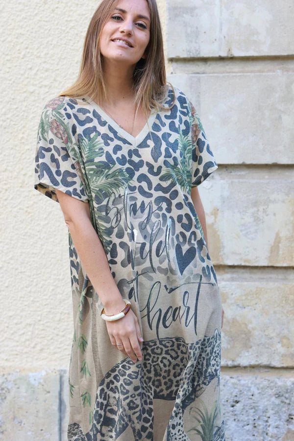 V-Neck Jungle Print Caftan Dress