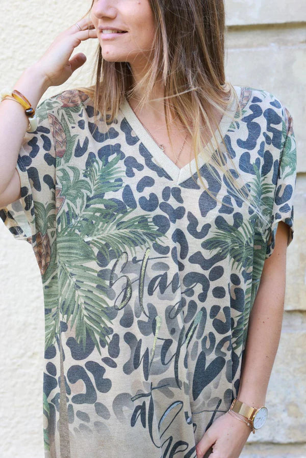 V-Neck Jungle Print Caftan Dress