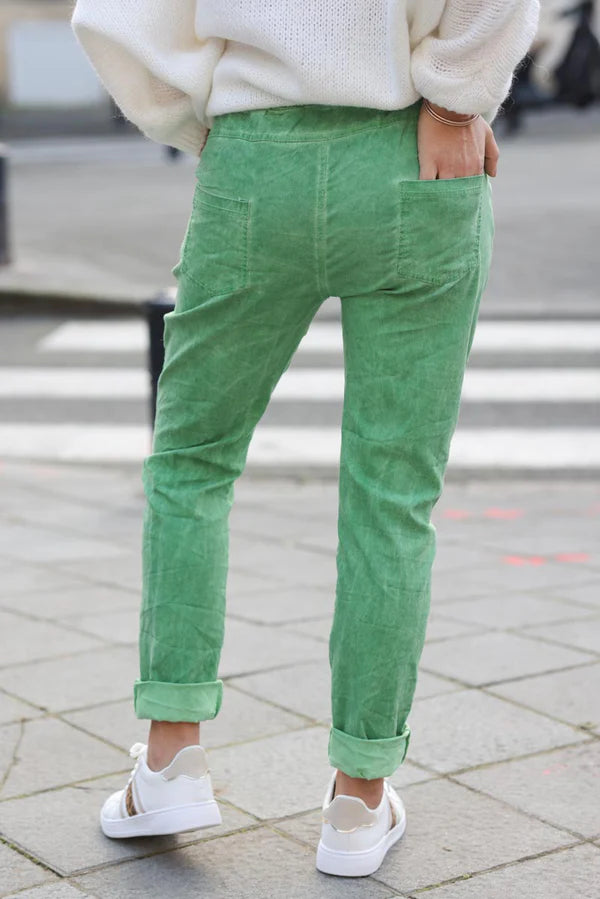 Washed green pants comfort and stretch canvas woven belt