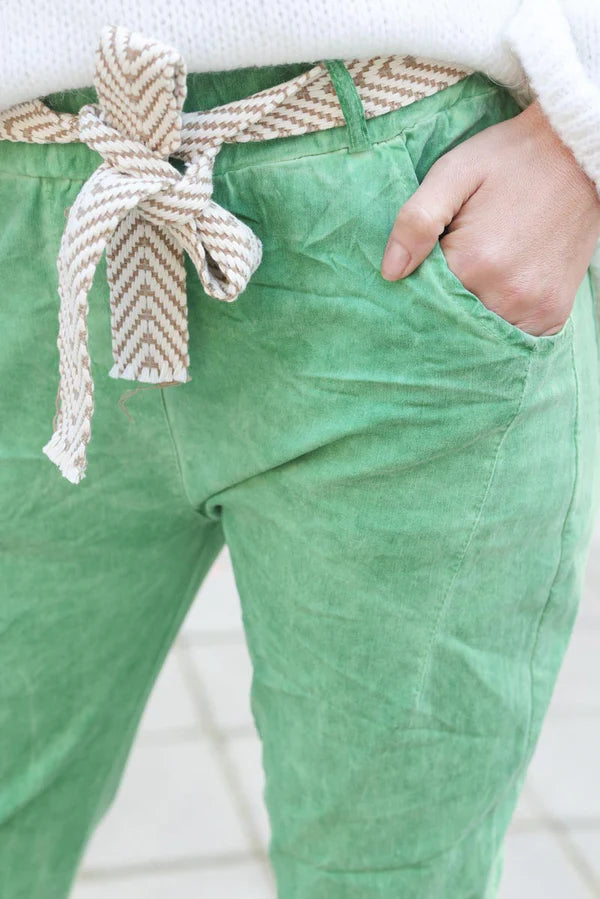 Washed green pants comfort and stretch canvas woven belt