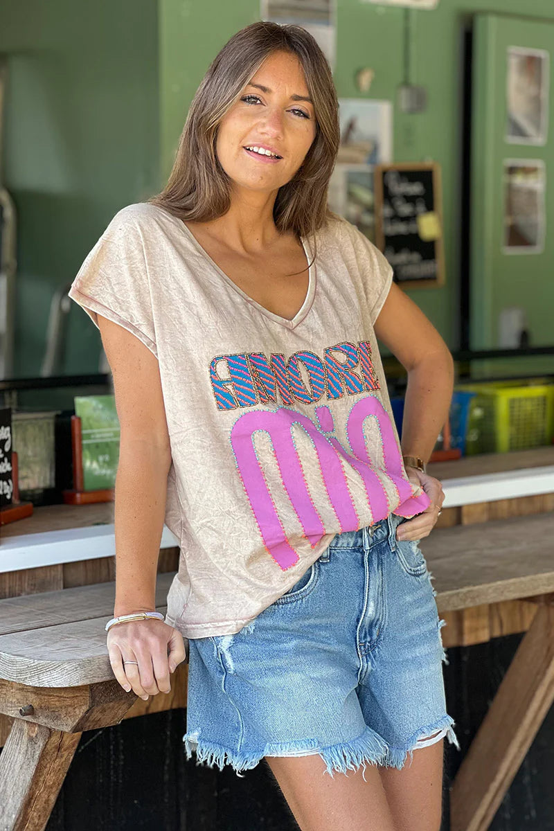 Washed Taupe “Amore Mio” Slouchy V-Neck Tee