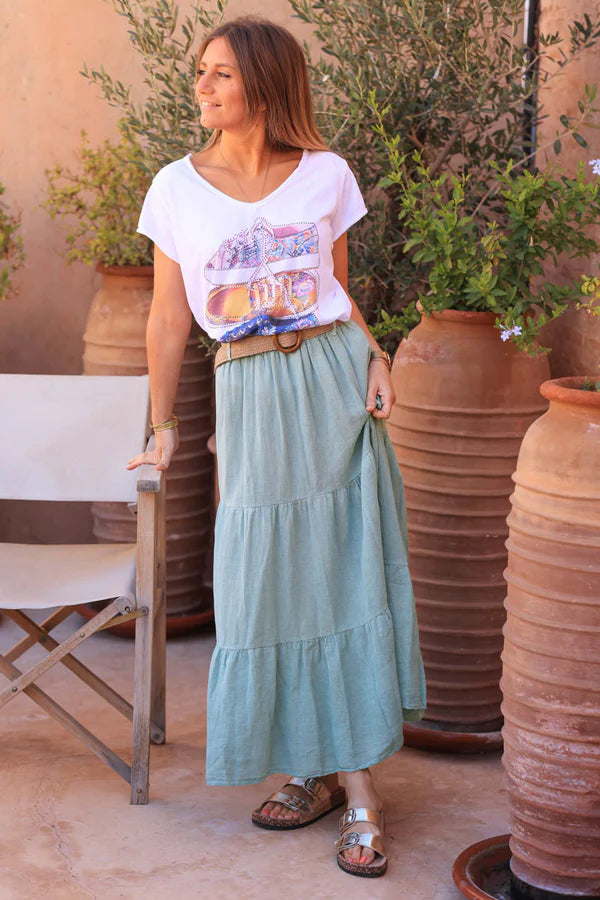 Water green brushed cotton maxi skirt with belt