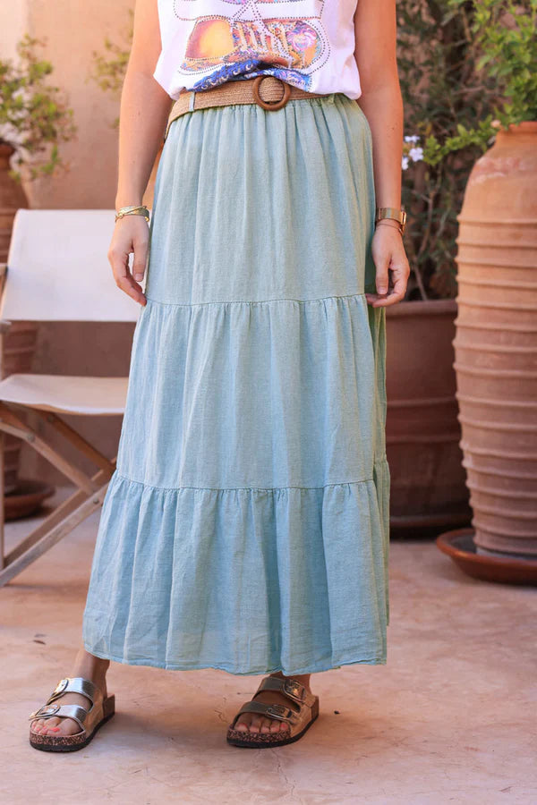 Water green brushed cotton maxi skirt with belt